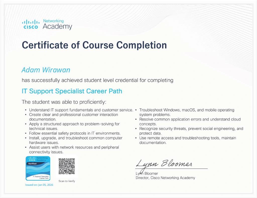 IT Support Specialist Career Path for Adam Wirawan